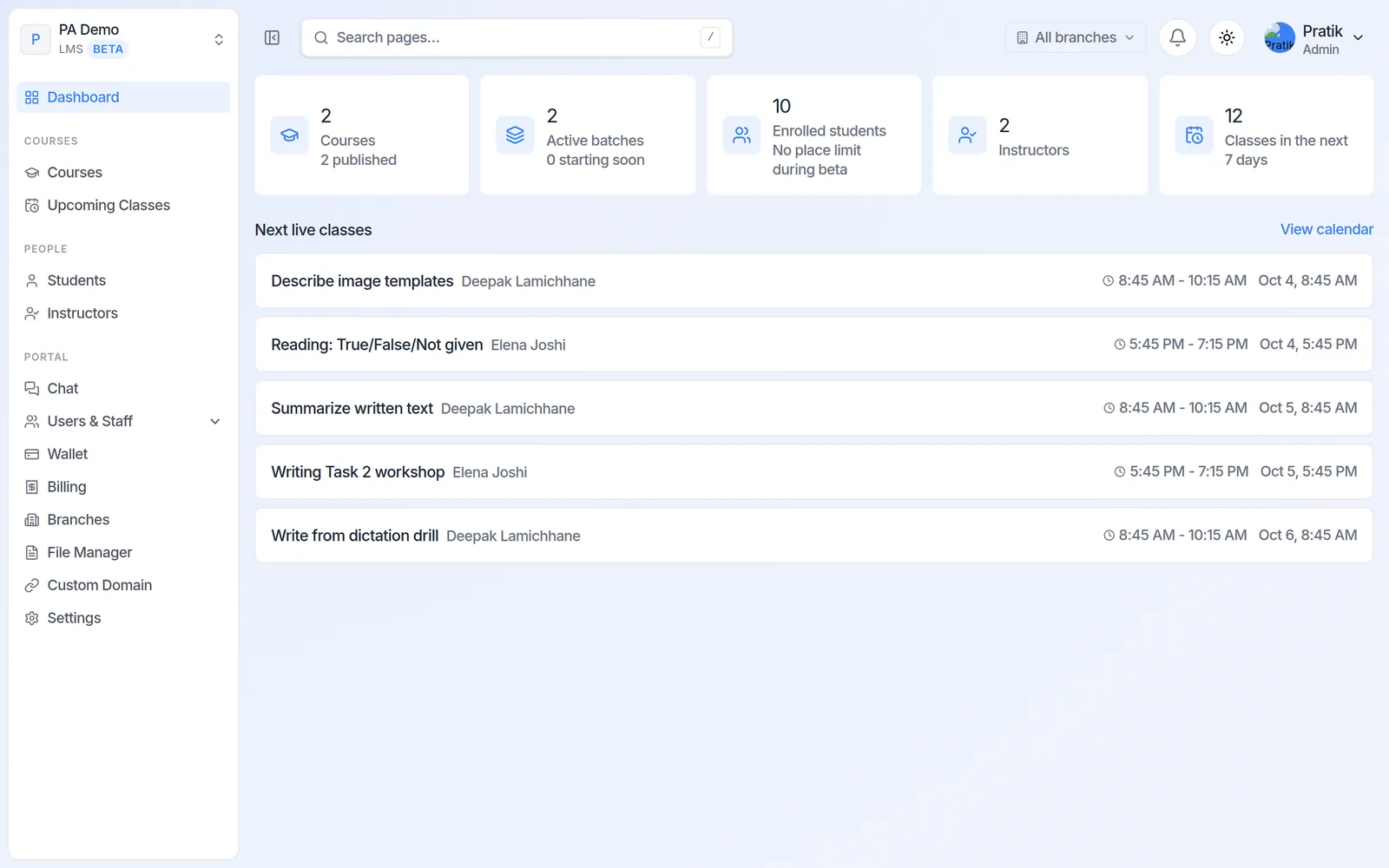 Practet Courses dashboard for PA Demo with courses, batches, students and upcoming live classes