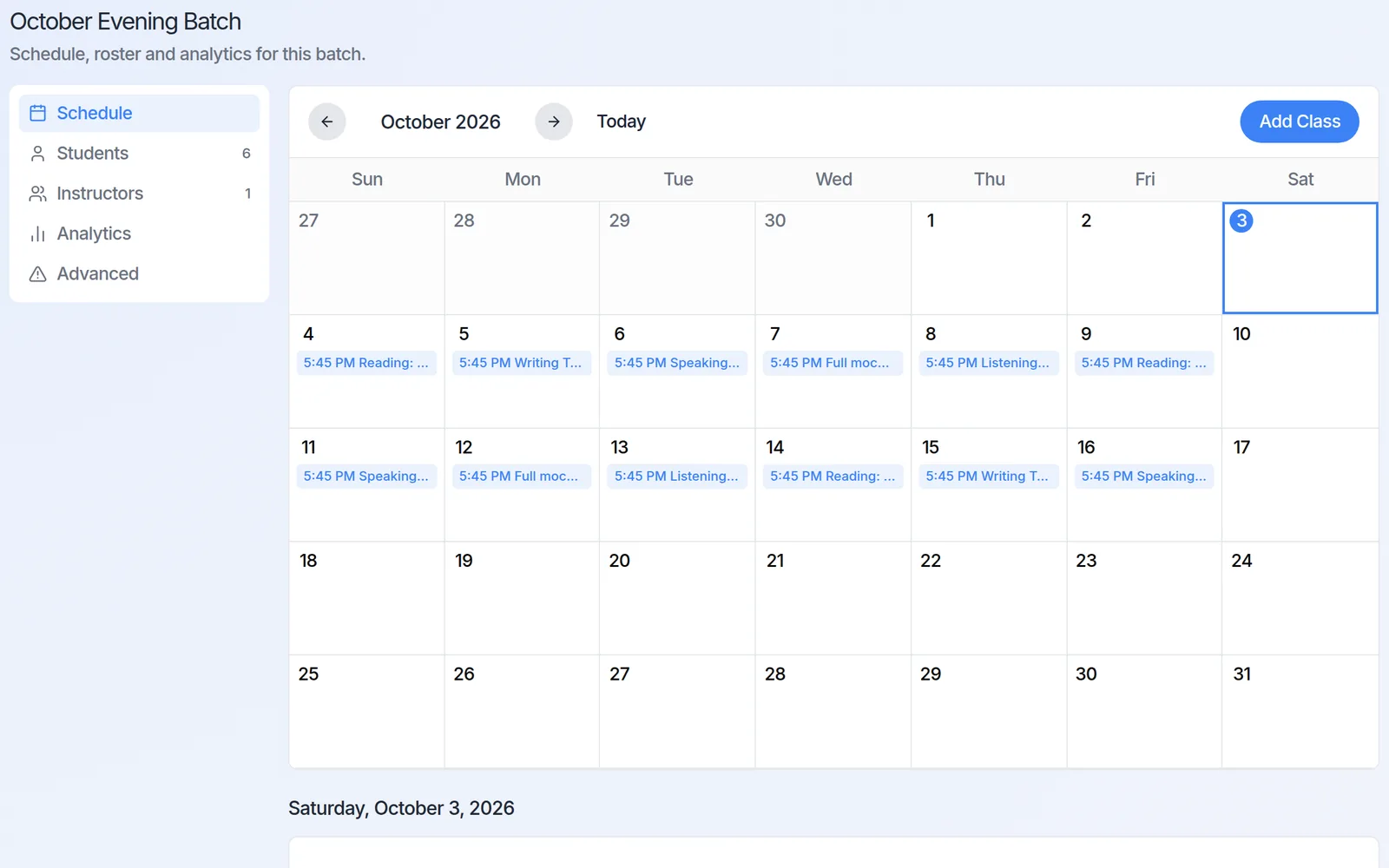 Batch calendar with scheduled classes