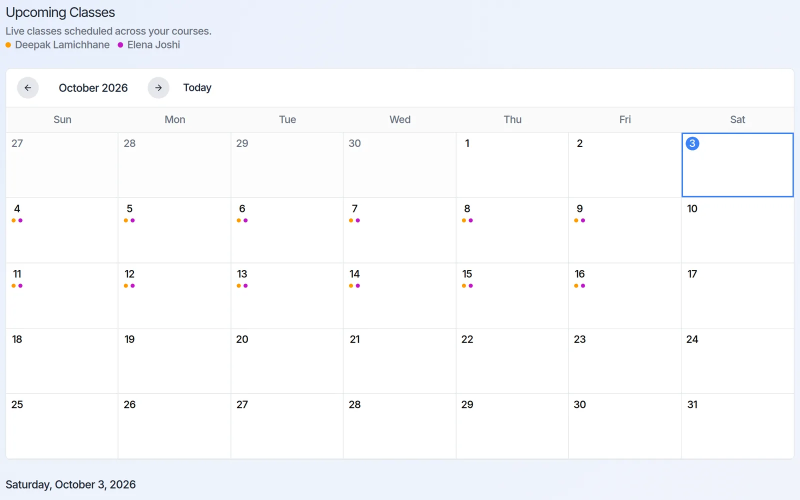 Calendar of upcoming live classes