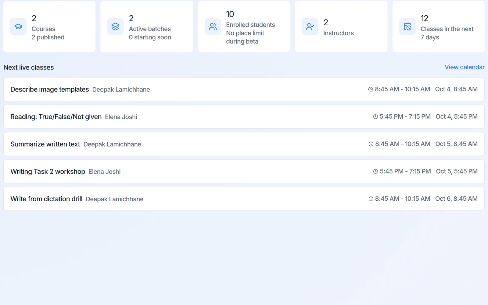 Courses overview with upcoming live classes
